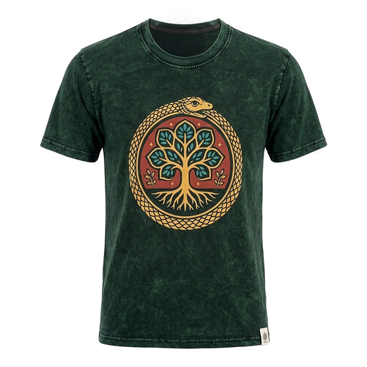 Nomad Sari Stonewashed Cotton T-Shirt - Tree of Life - Green - Medium