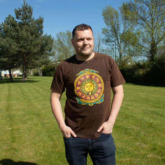 XL Nomad Sari Stonewashed Cotton T-Shirt in brown with Sun & Zodiac celestial design on soft double stonewashed cotton.