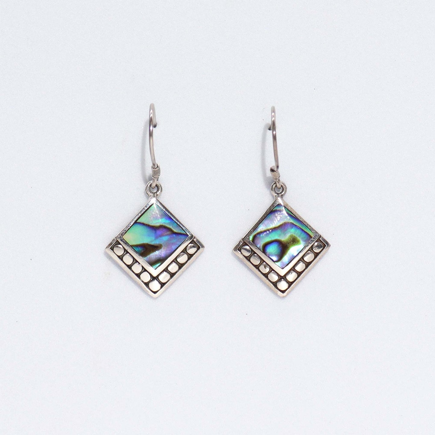 Shell and silver square dot abalone earrings with natural iridescent inlay