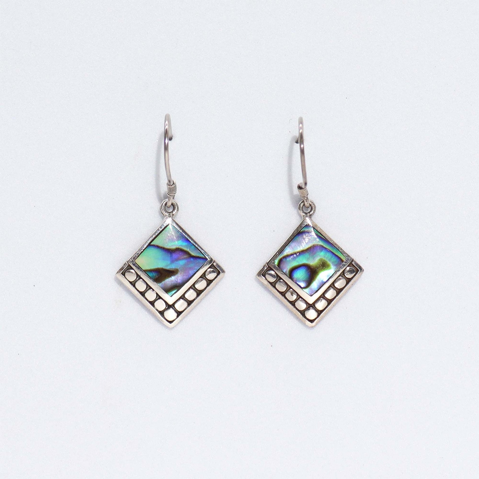 Shell and silver square dot abalone earrings with natural iridescent inlay
