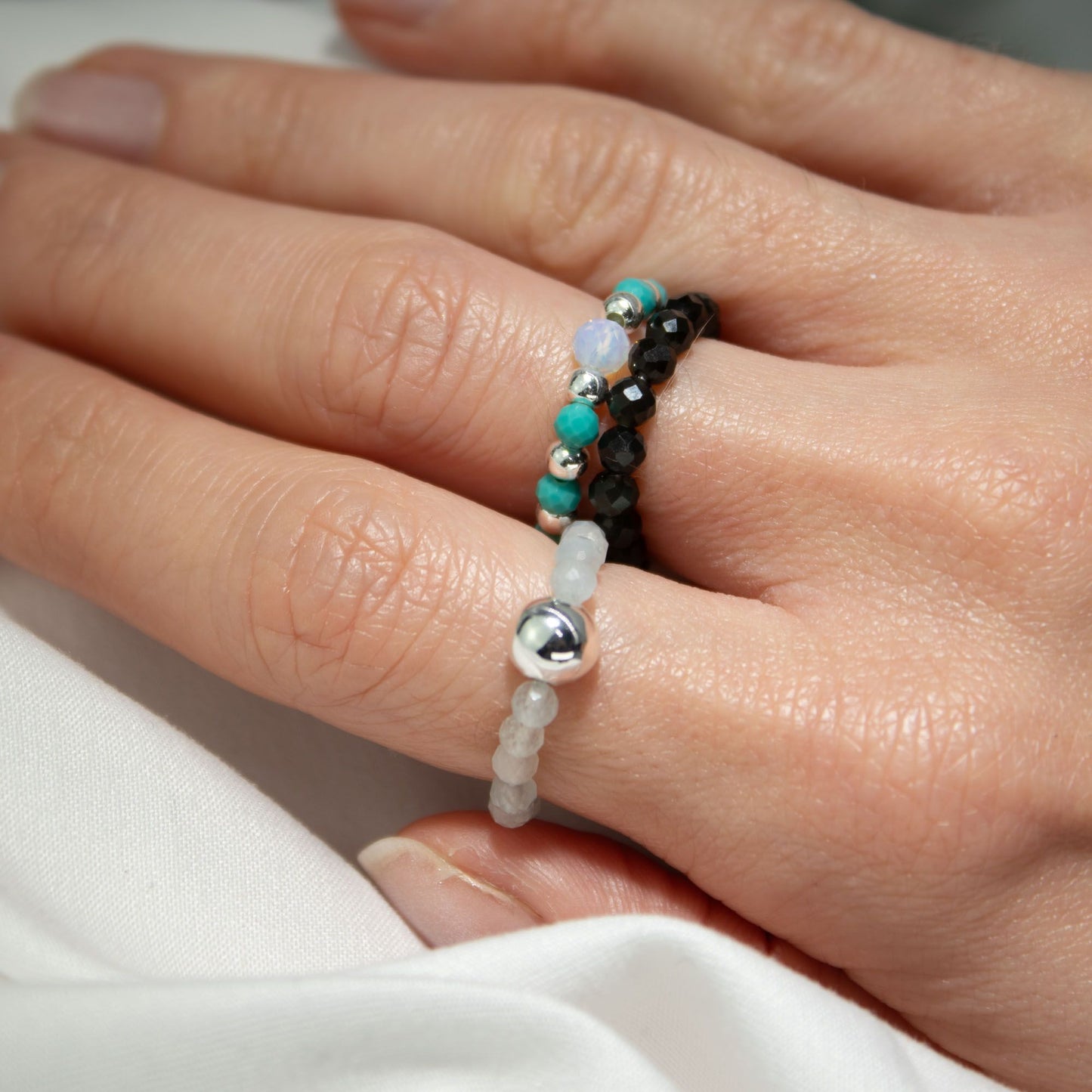 Endless Ocean gemstone ring set – elasticated blue and green stone rings