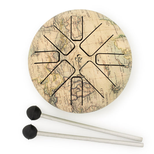 Small Atlas HAPI steel tongue drum with vintage world map design, two rubber-tipped mallets and padded woven carry bag