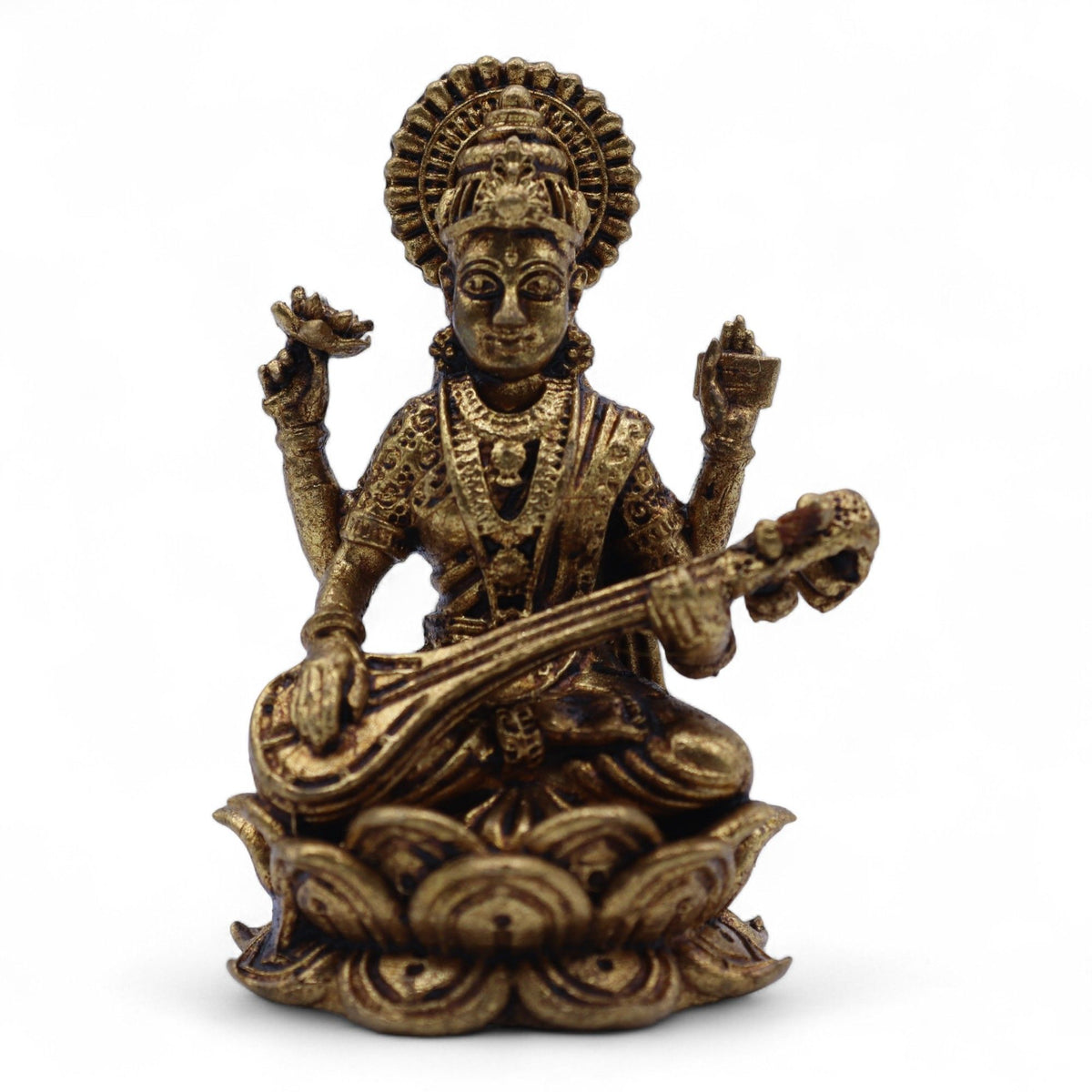 Brass Saraswati wisdom figurine with veena on lotus base 49mm Hindu deity ornament UK