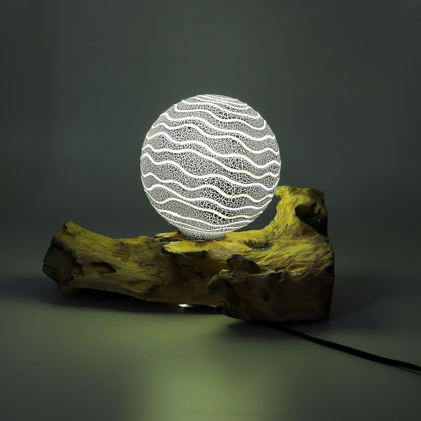 Driftglow Lamp Grey Luna Shade – grey textured sphere lamp with driftwood base for ambient home lighting UK