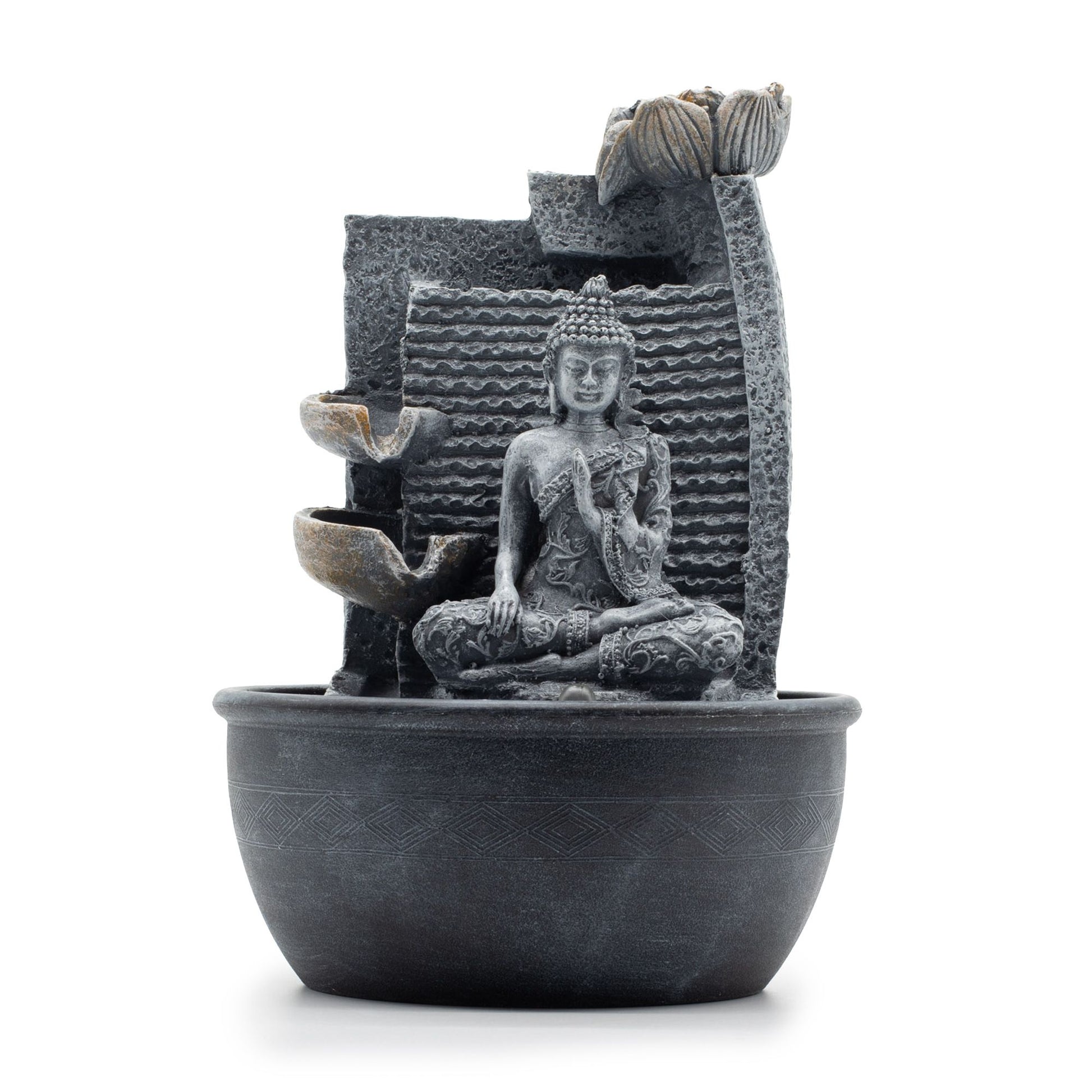 Buddha lotus flower cascading pots tabletop water feature with flowing water