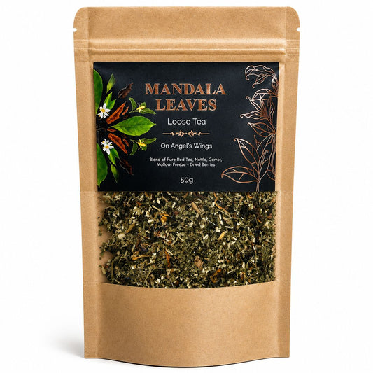 On Angels Wings loose tea blend 50g kraft bag with Pu Erh tea, berries, calendula and mallow flowers
