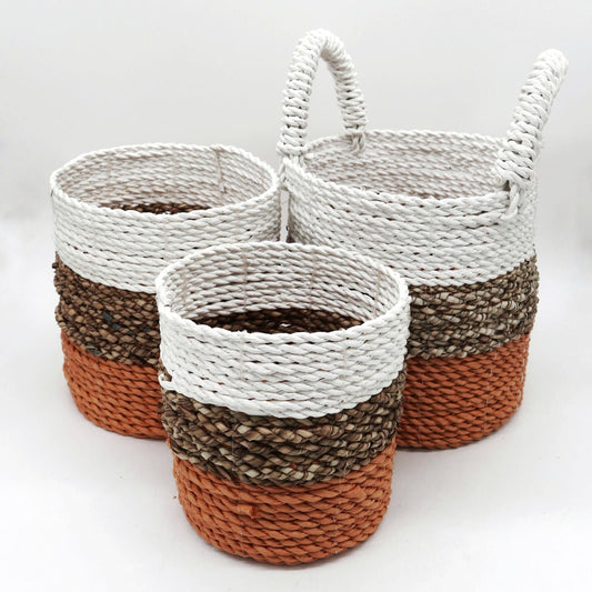 Seagrass basket set orange & natural white – woven eco-friendly storage baskets for boho home organisation