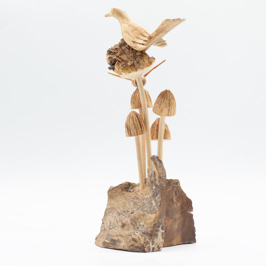 Handmade parasite wood bird and bee on mushrooms carving for woodland and fairy garden décor UK