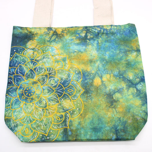 Tye-Dye Cotton Bag -  Mandela - Green/Blue - Natural Handle