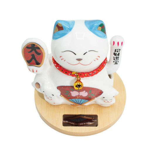 Solar money cat wooden base blue Maneki Neko moving hand for success and energy flow