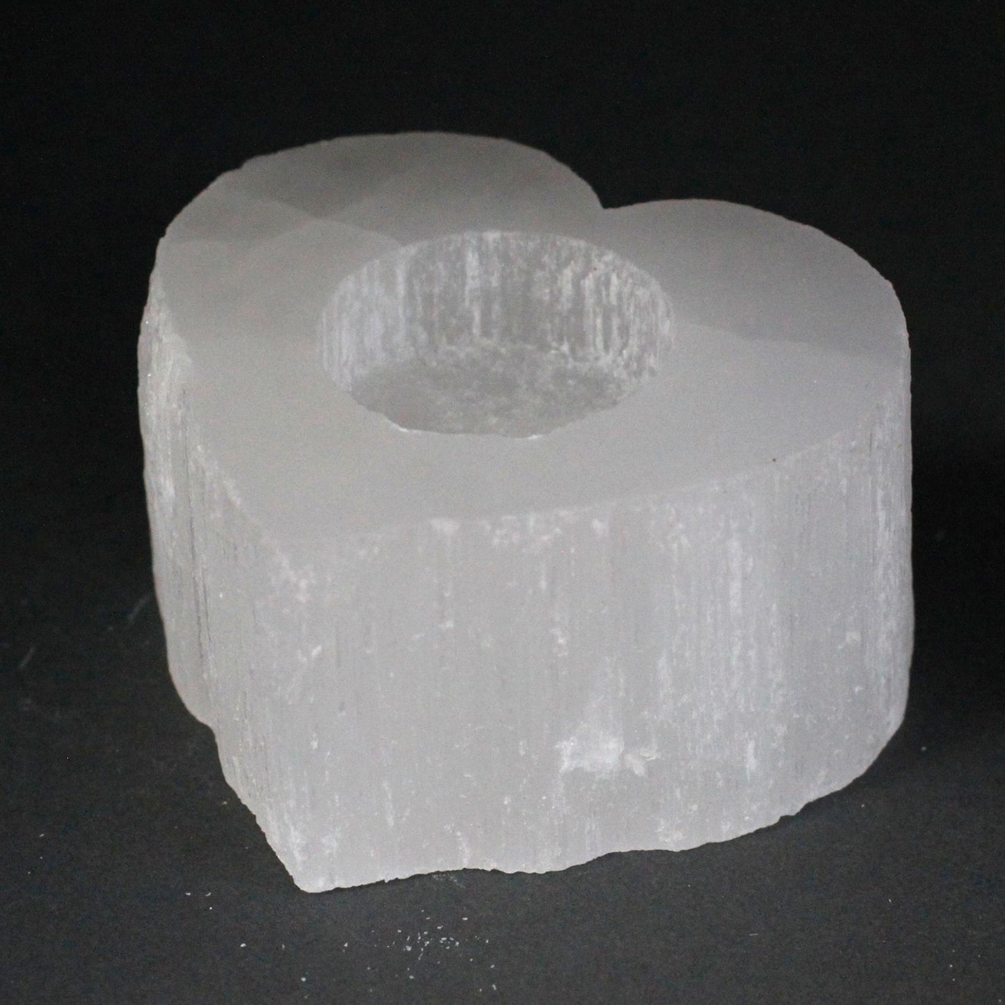 Selenite Heart Candle Holder – carved selenite heart tea-light holder for ambient glow, energy cleansing and spiritual ambience