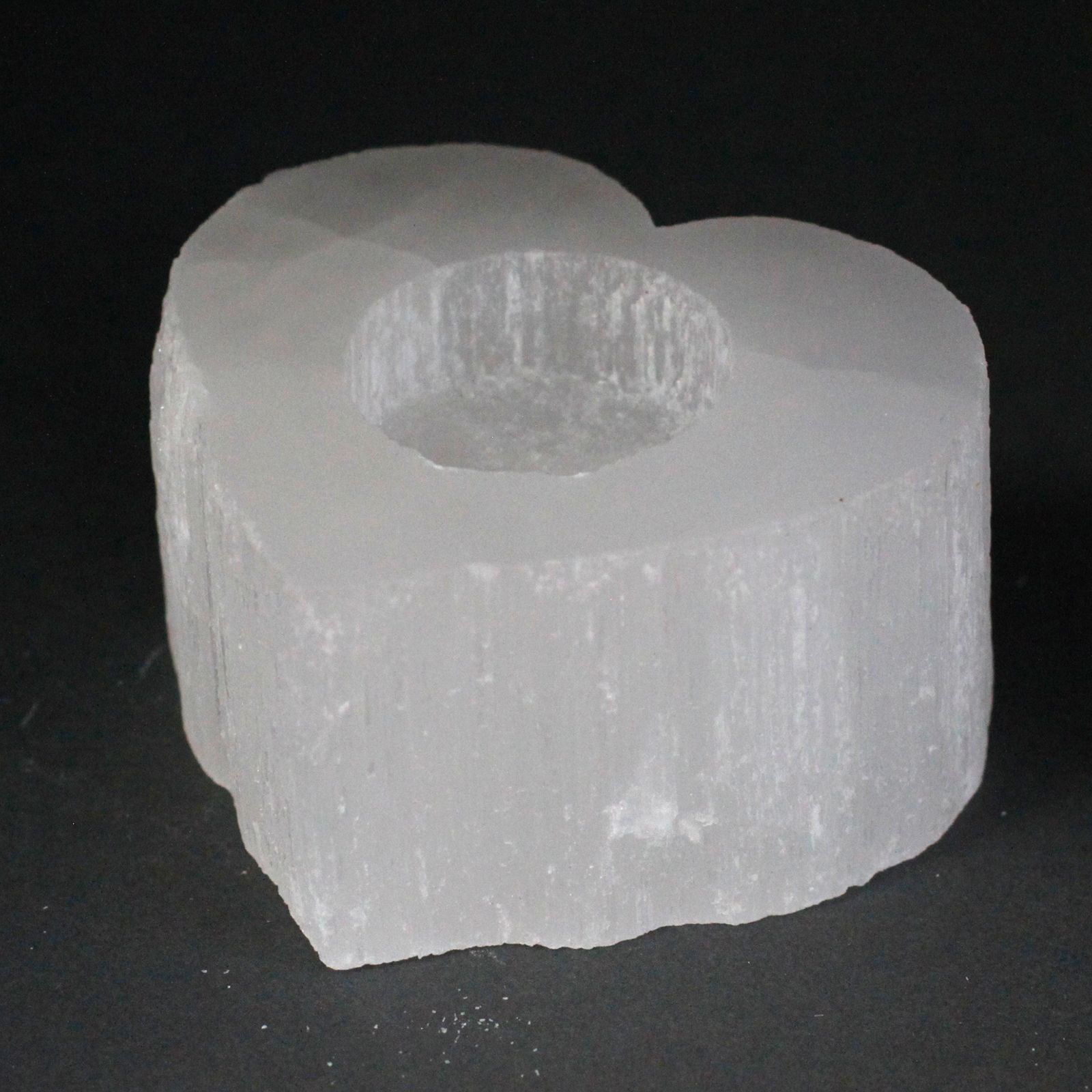 Selenite Heart Candle Holder – carved selenite heart tea-light holder for ambient glow, energy cleansing and spiritual ambience
