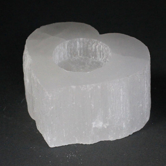 Selenite Heart Candle Holder – carved selenite heart tea-light holder for ambient glow, energy cleansing and spiritual ambience