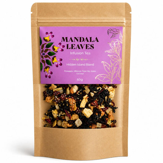 Hidden Islands tropical fruit infusion 50g kraft bag with pineapple, coconut, hibiscus, rose hip and apple