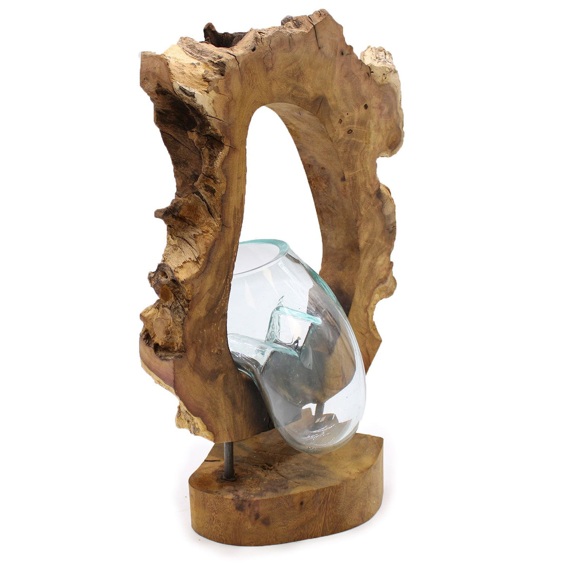 Molten glass hanging art vase on natural gamal wood for plants flowers and boho wall décor UK