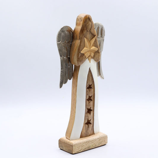 Large Mango Wood Star Angel Metal Wings & Enamel Detail