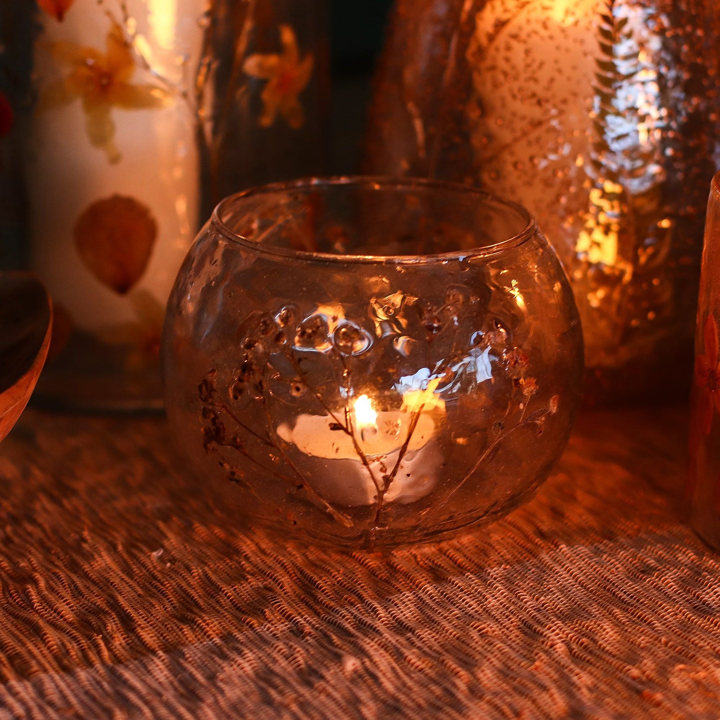 Margarita recycled glass bowl candle holder with real pressed flowers