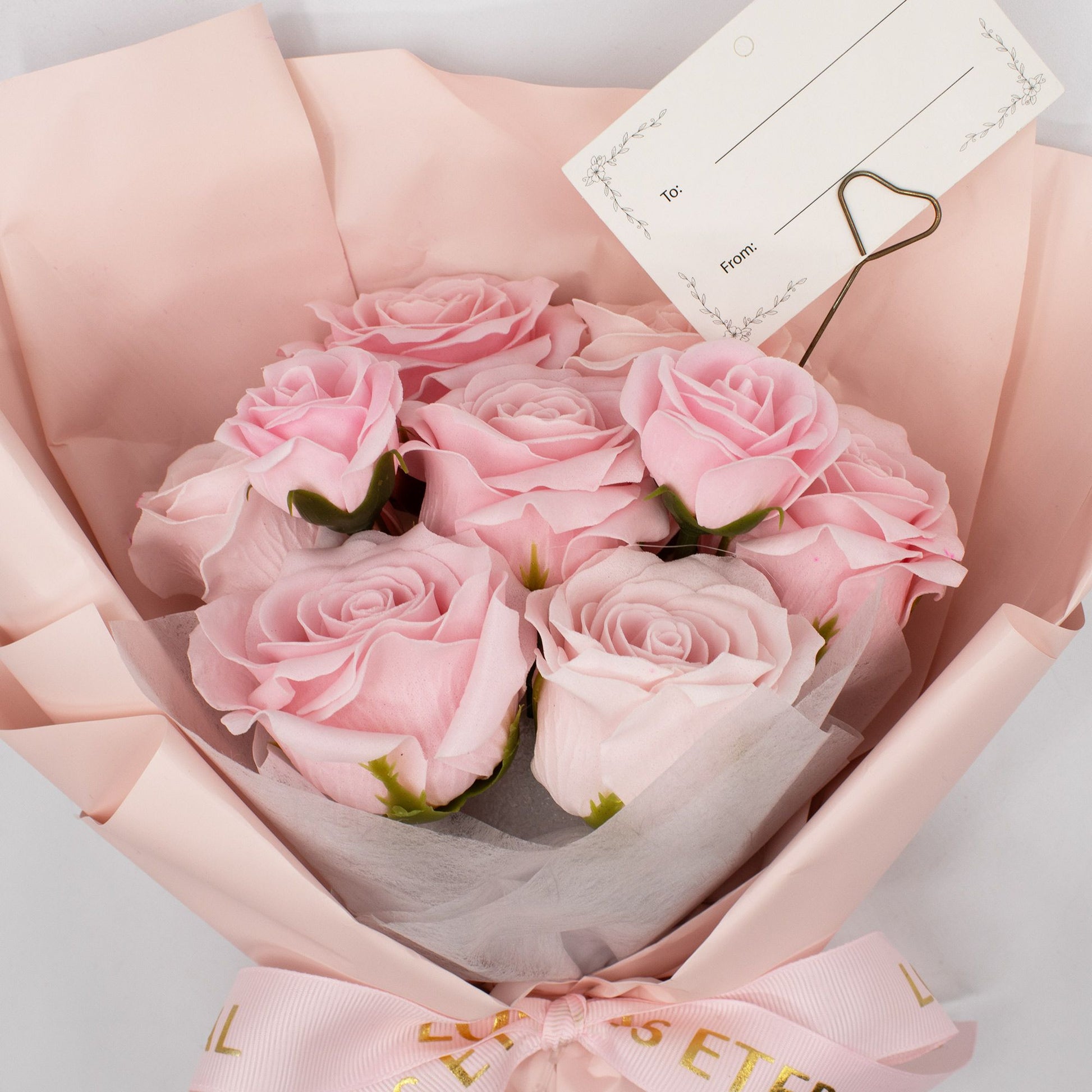 large pink rose soap bouquet with Love is Eternal ribbon and gold heart gift card holder
