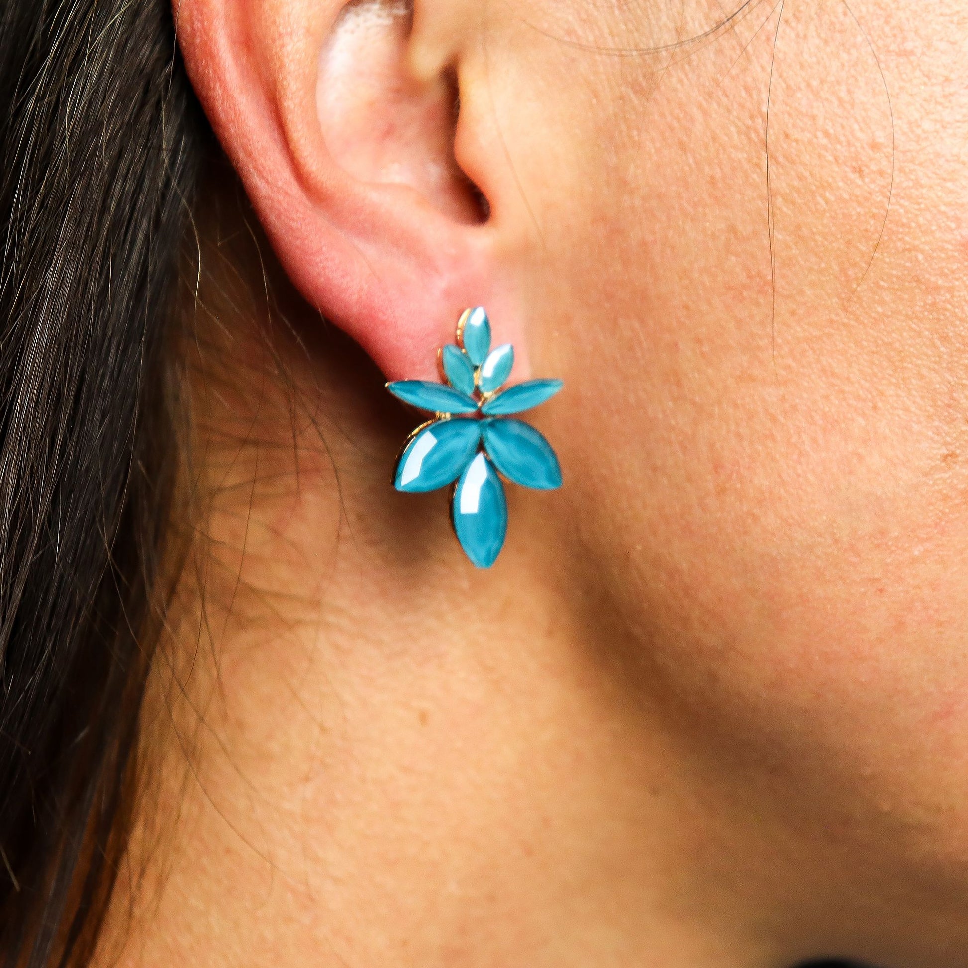 Vintage Glass Earrings Teal Green Flowers with lightweight boho design.