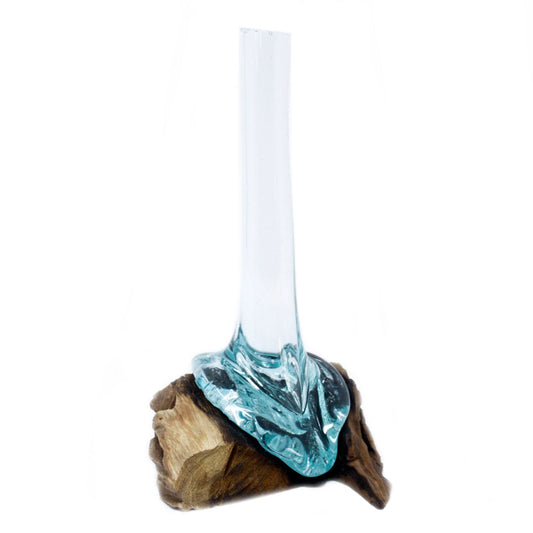 Molten glass vase shaped over natural gamal wood base for flowers air plants and statement home décor UK