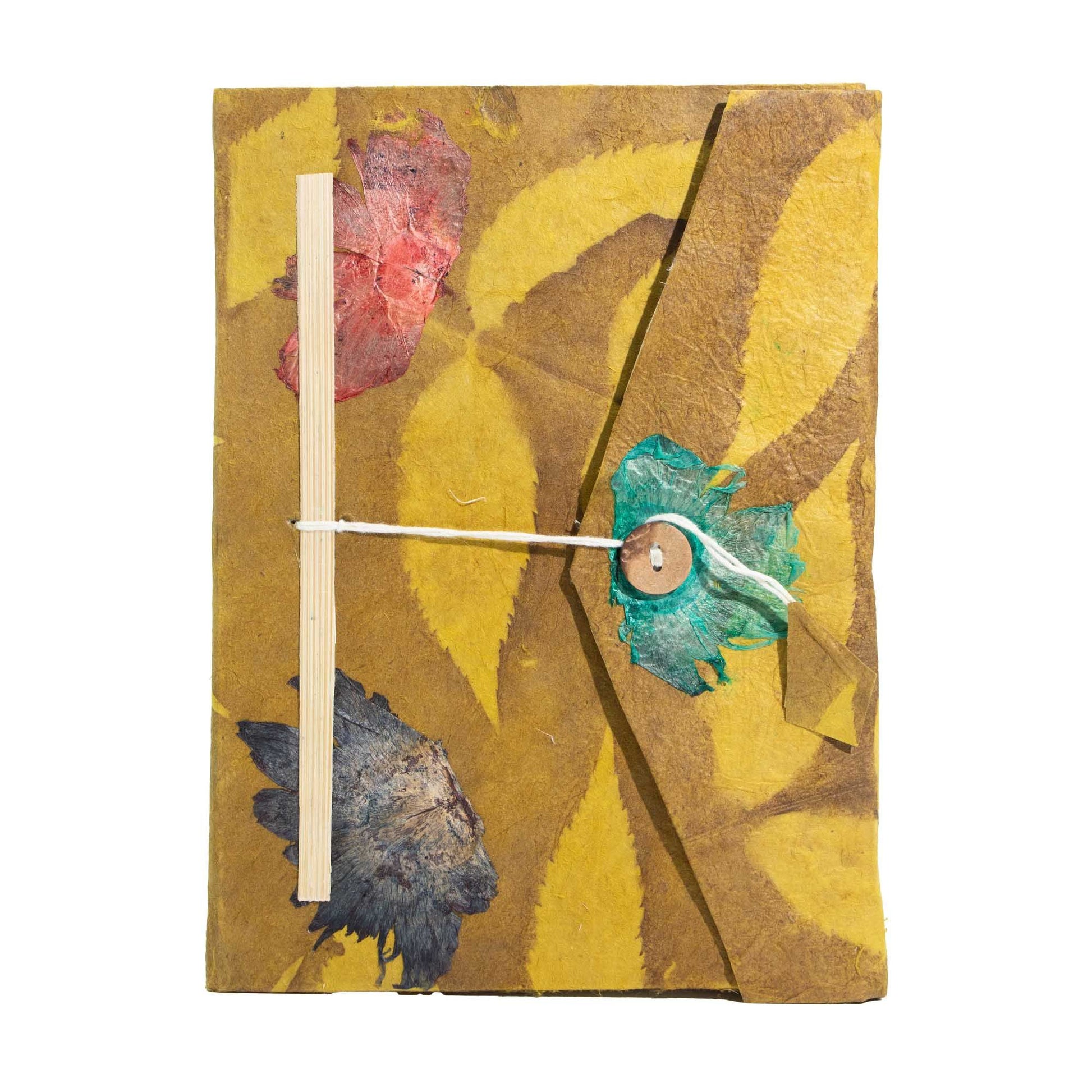 Bold Floral Lokta Journal large warm mustard handmade paper with floral cover and bookmark