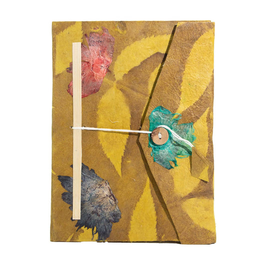 Bold Floral Lokta Journal large warm mustard handmade paper with floral cover and bookmark