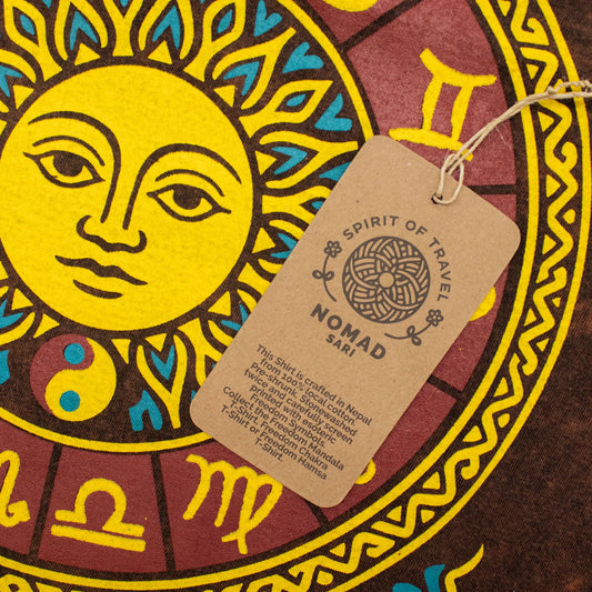 Nomad Sari Stonewashed Cotton T-Shirt - Sun & Zodiac - Brown - XL