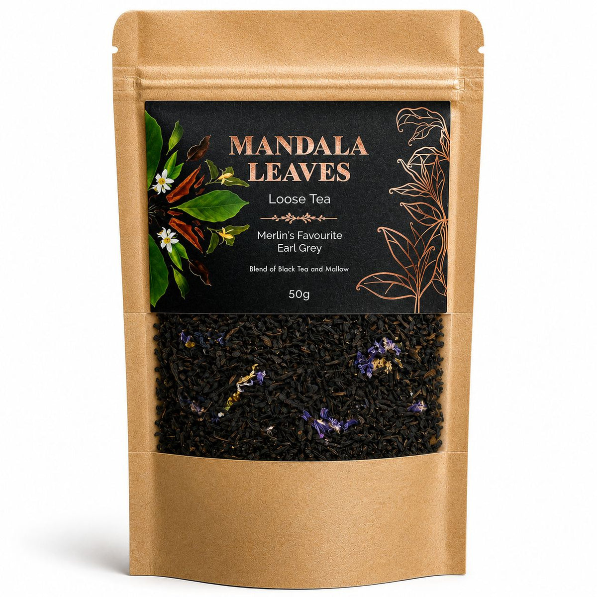 Merlin's Favorite Earl Grey loose leaf black tea 50g kraft bag with mallow flowers