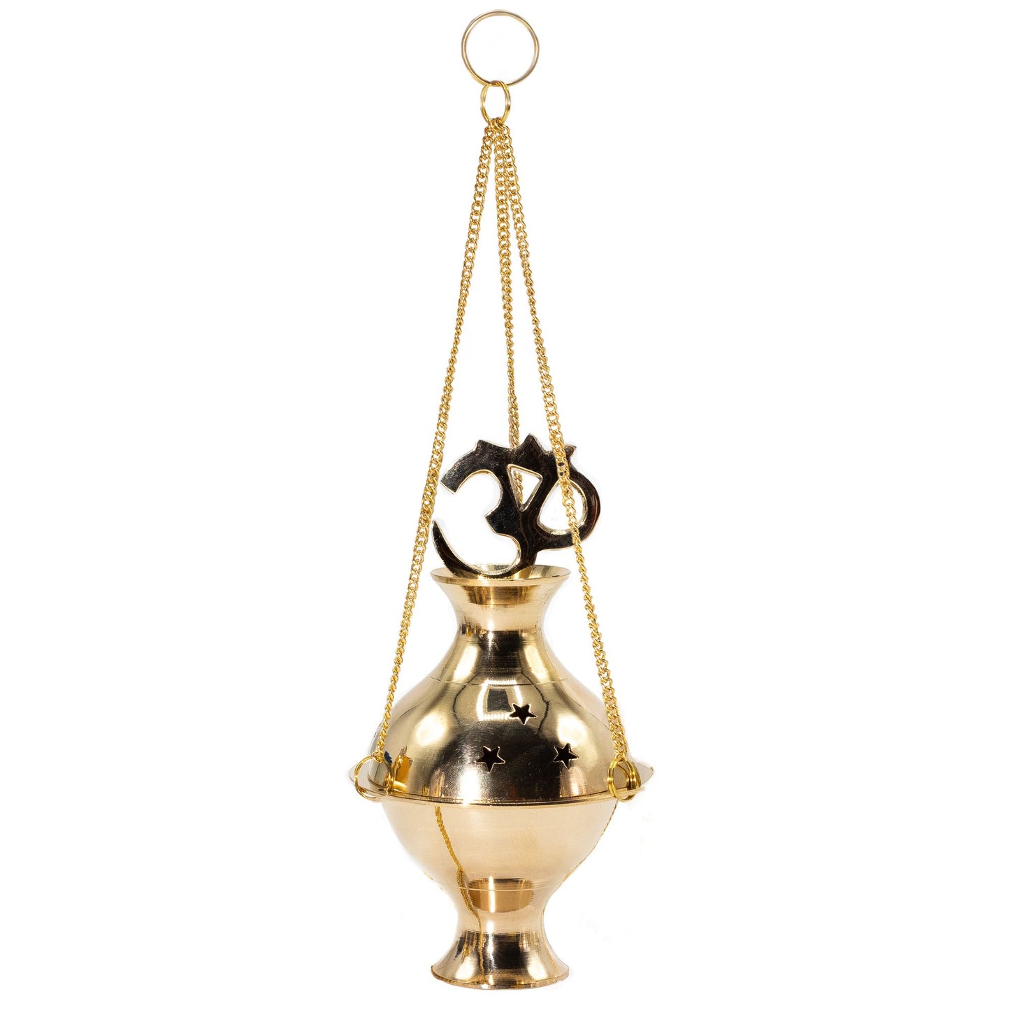 Handcrafted hanging brass incense burner featuring the sacred Om symbol for resin incense and charcoal burning.
