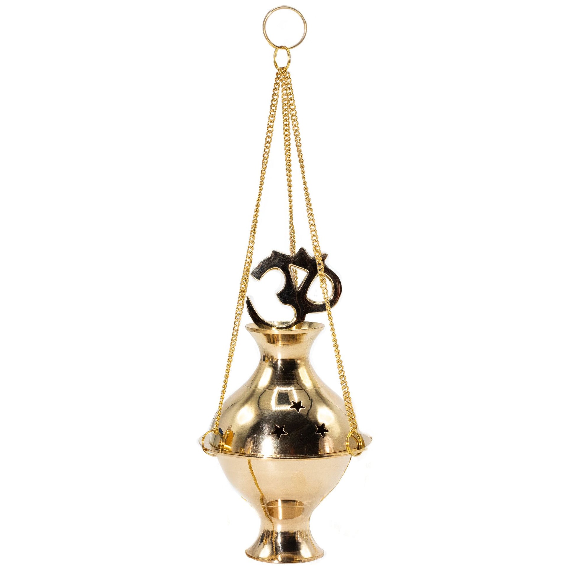 Handcrafted hanging brass incense burner featuring the sacred Om symbol for resin incense and charcoal burning.