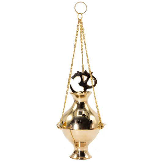 Handcrafted hanging brass incense burner featuring the sacred Om symbol for resin incense and charcoal burning.
