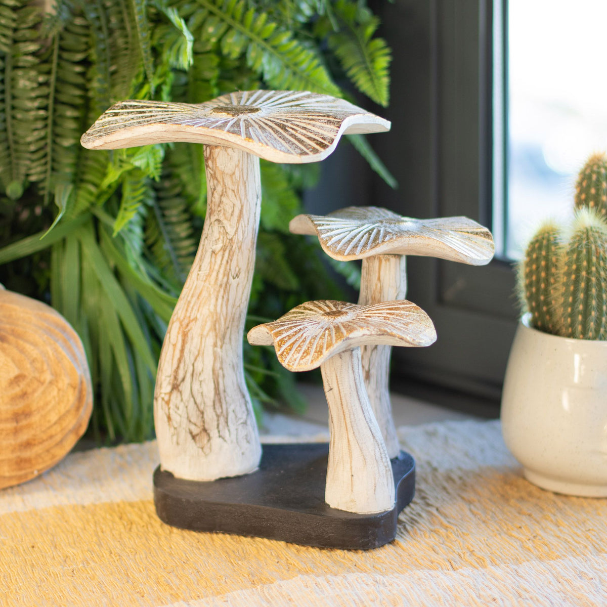Whitewash golden mushroom wooden sculpture with pale finish and gold caps 25cm woodland décor UK