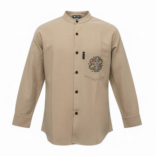 Medium stone Nomad Sari Kathmandu cotton shirt with long sleeves, collarless neckline and hand-painted chest pocket detail