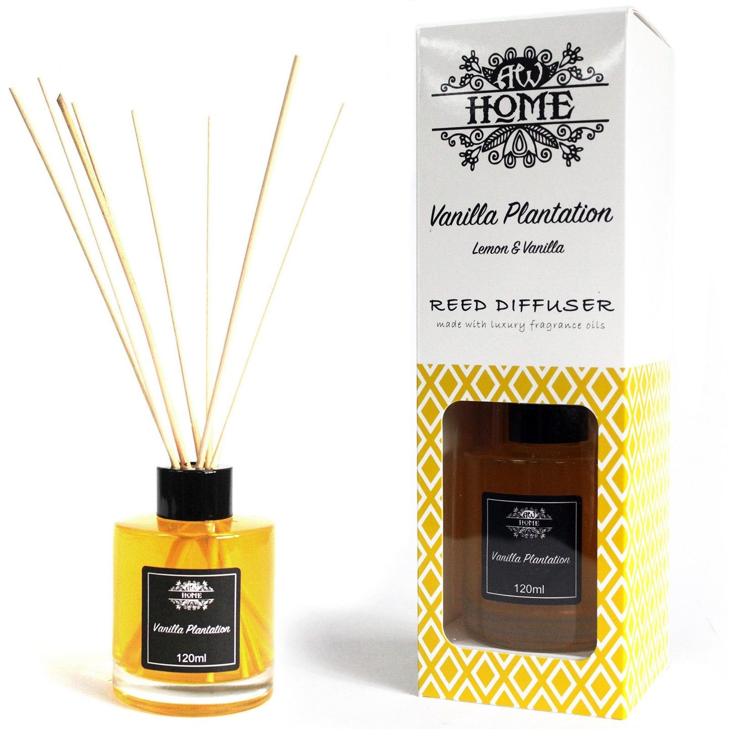 Vanilla Plantation reed diffuser 120ml with warm creamy vanilla citrus fragrance for cosy home scent