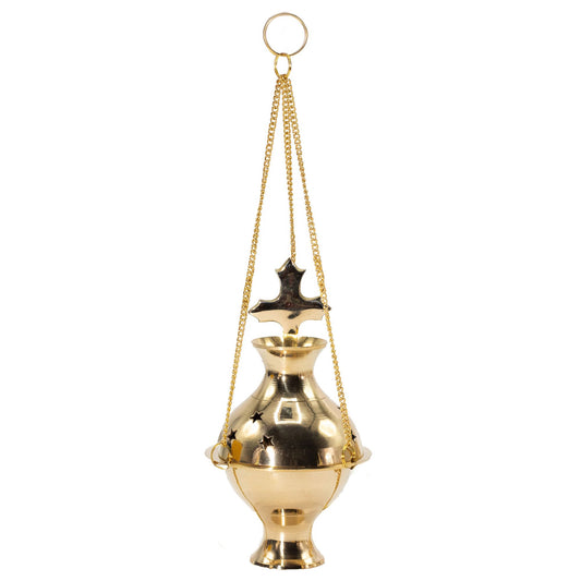 Handcrafted hanging brass incense burner with Cross design for resin incense and charcoal burning.