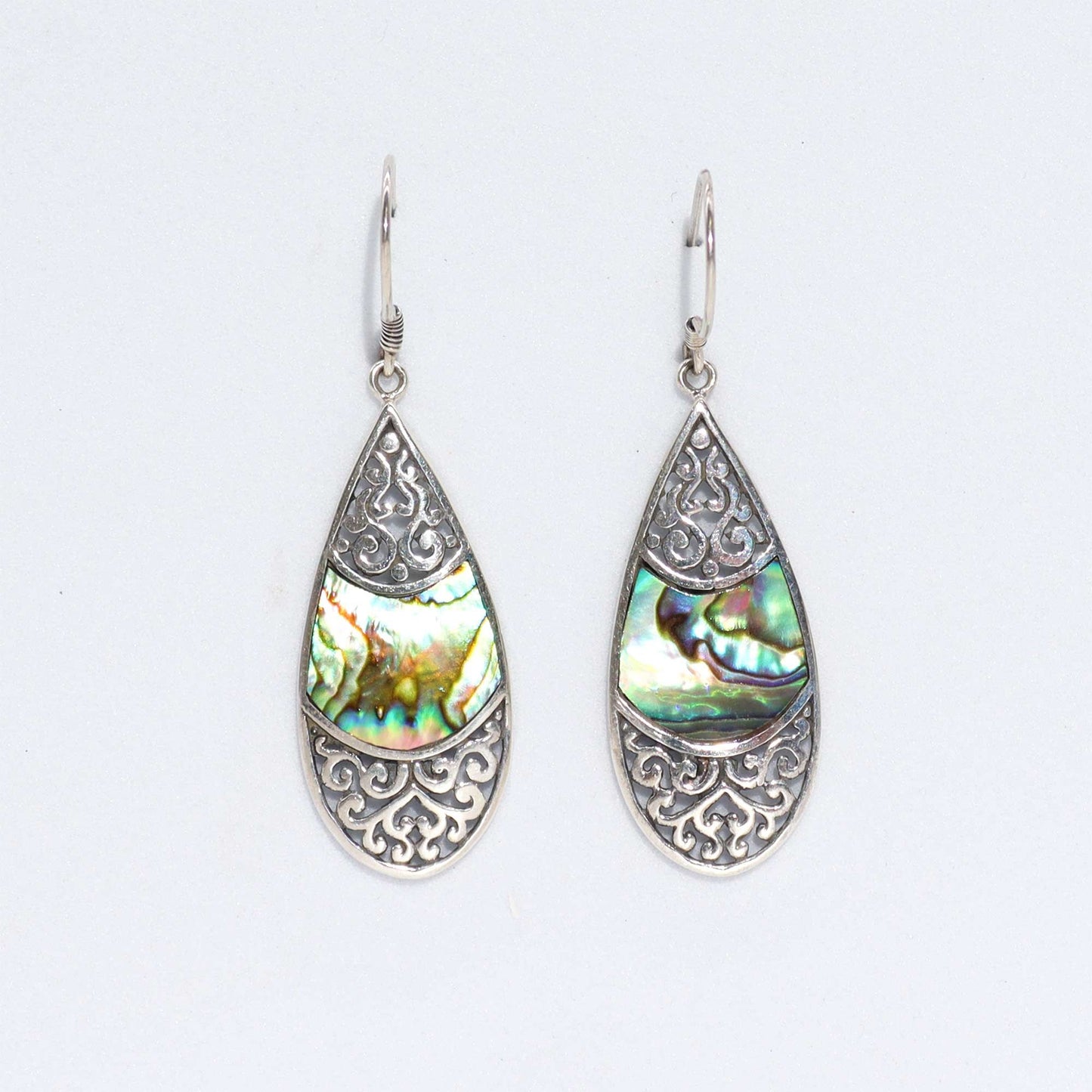 Shell and silver teardrop oval abalone earrings with natural iridescent inlay