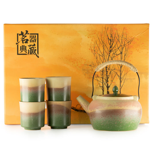Japanese Kyusu style green tea set with side-handled teapot and four matching cups