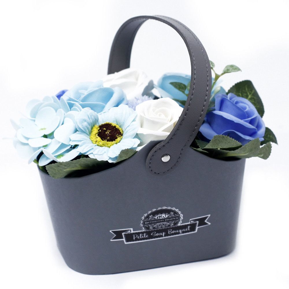 Bouquet Petite Basket — Soothing Blues blue soap flower arrangement in decorative basket