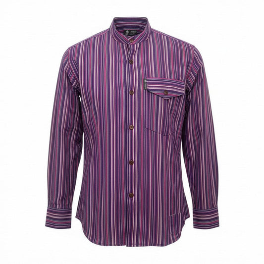 Medium black and purple Nomad Sari grandad shirt with long sleeves, collarless neckline and Nepalese-inspired patterning