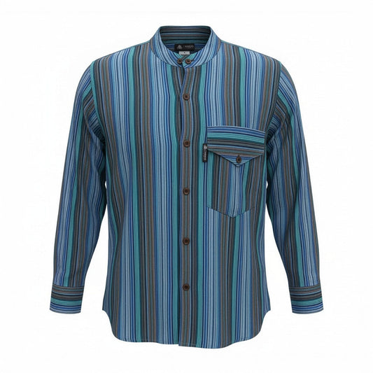 Large Nomad Sari Grandad Shirt in turquoise and blue striped cotton with long sleeves, band neckline and buttoned flap chest pocket