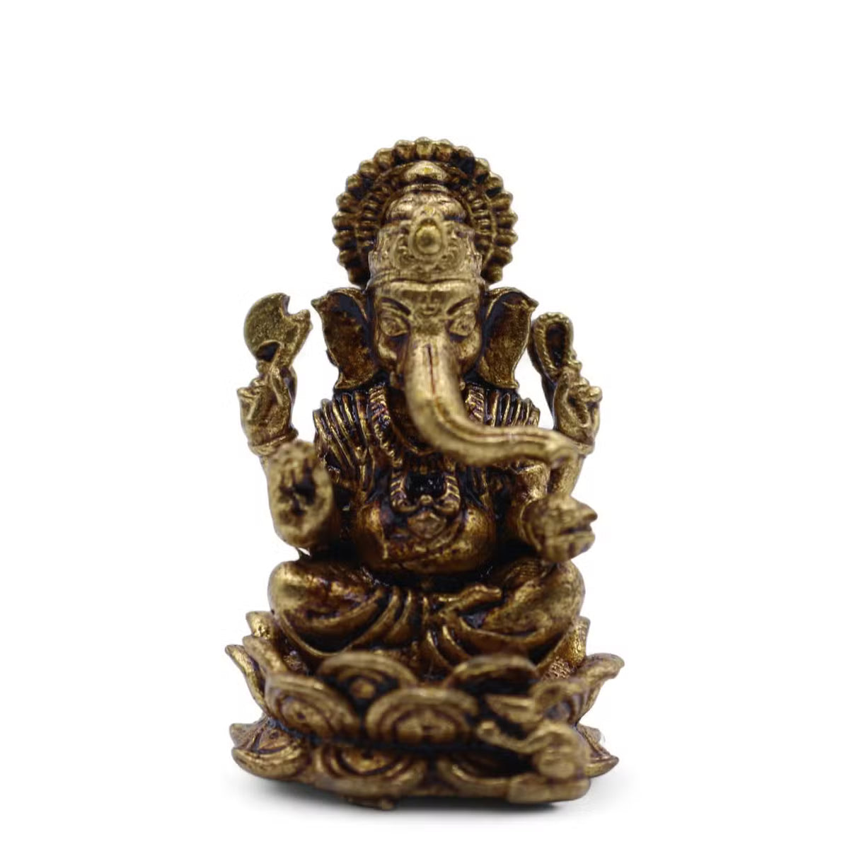 Miniature brass Ganesha figurine seated on lotus base 30mm Hindu deity ornament UK