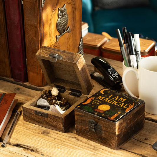 I Am Magical small enamelled mango wood box with tarot cards crystal ball candles guiding hands and starry sky