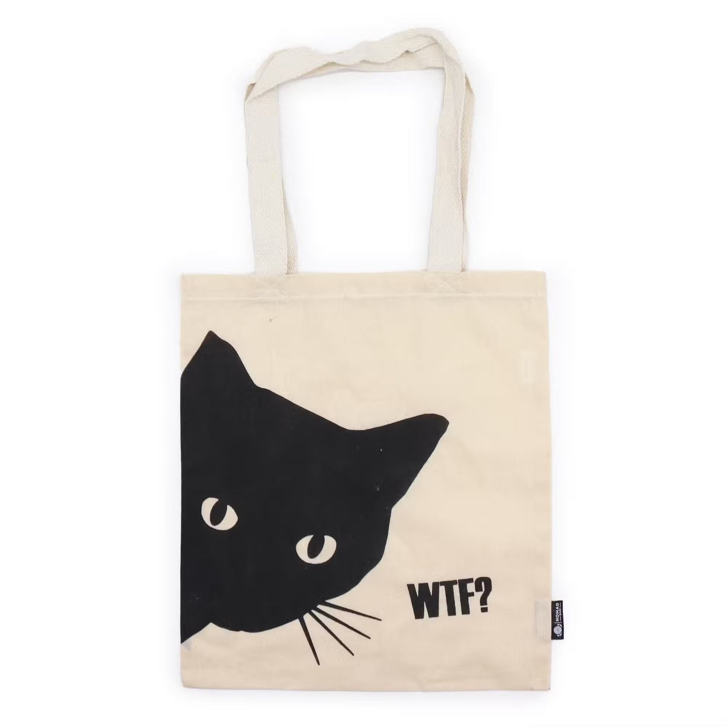 Black Cat natural 4oz cotton tote bag featuring a playful black cat illustration.