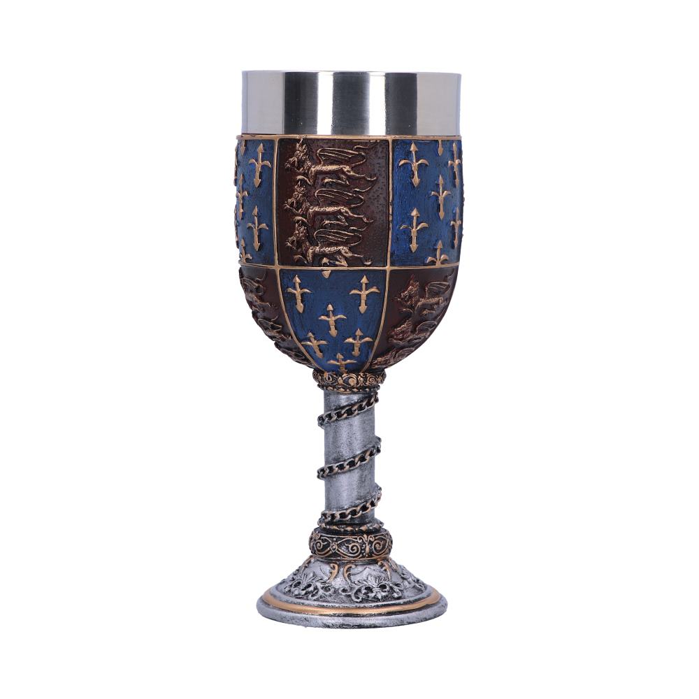 A goblet features a silver cup above sections of brown lions and blue crosses, with a silver, chain-detailed stem and ornate silver base, all against a plain white background.