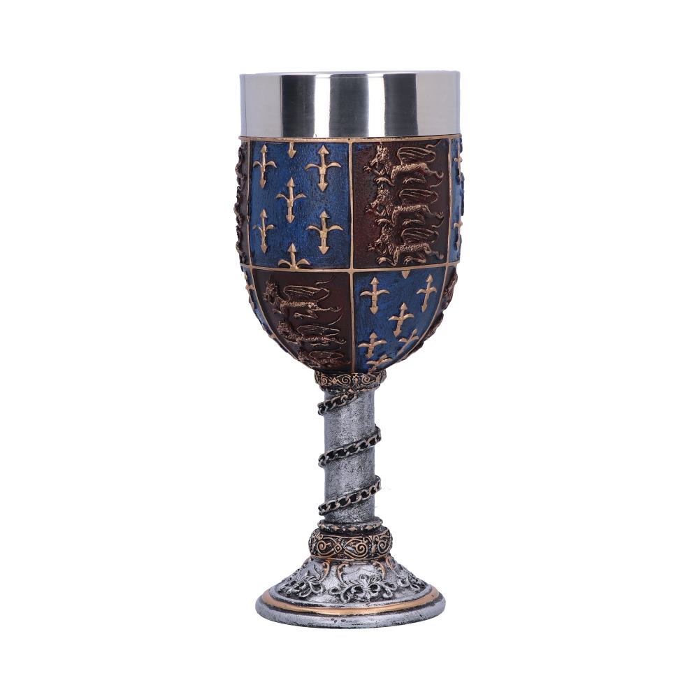 A decorative goblet sits against a white background. The cup has a silver rim, a coat of arms design on its surface, and a twisted silver-and-gold stem.
