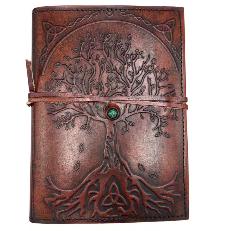 Small Tree of Life leather journal with embossed cover green stone detail and wrap tie 18cm UK