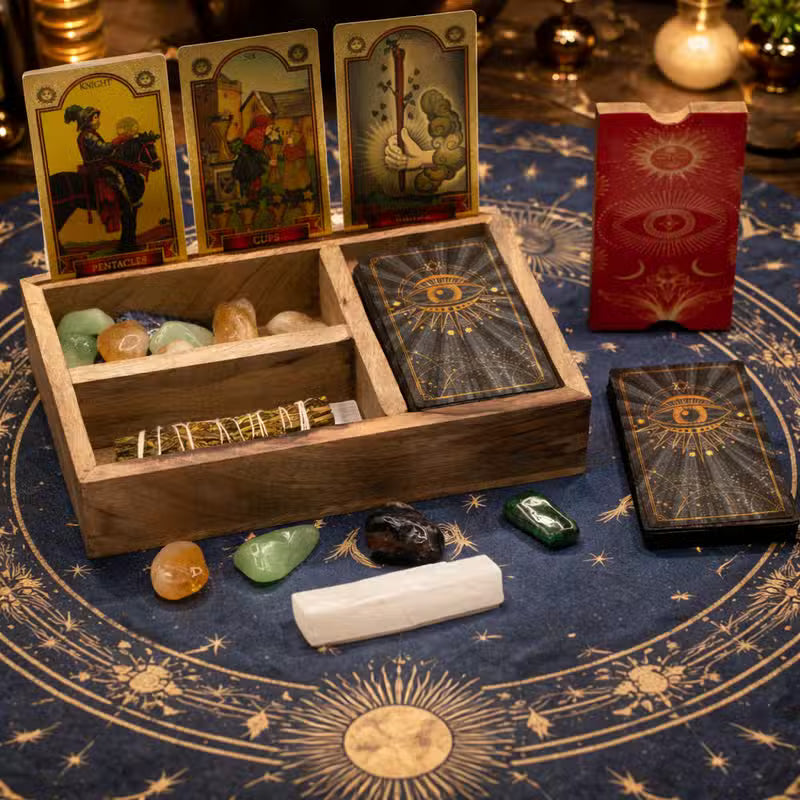 Three section mango wood tarot box with divided storage compartments and integrated upright card holder