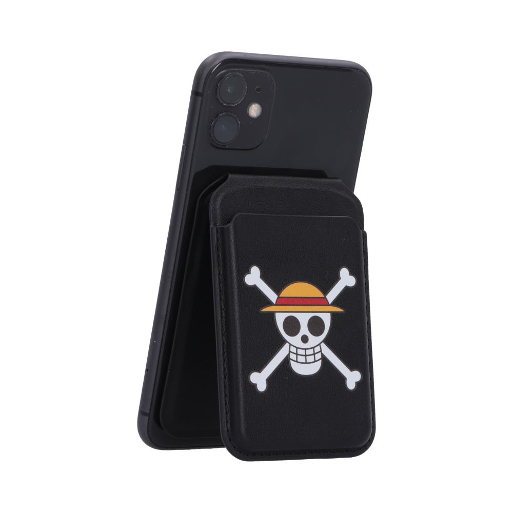 One Piece Jolly Roger MagSafe Card Holder Black - Holder attached to a portrait-oriented phone