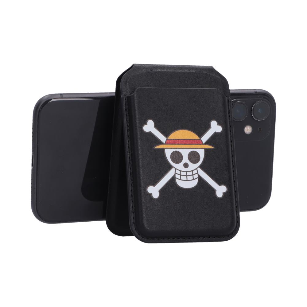One Piece Jolly Roger MagSafe Card Holder Black - Black holder supporting a landscape-oriented phone