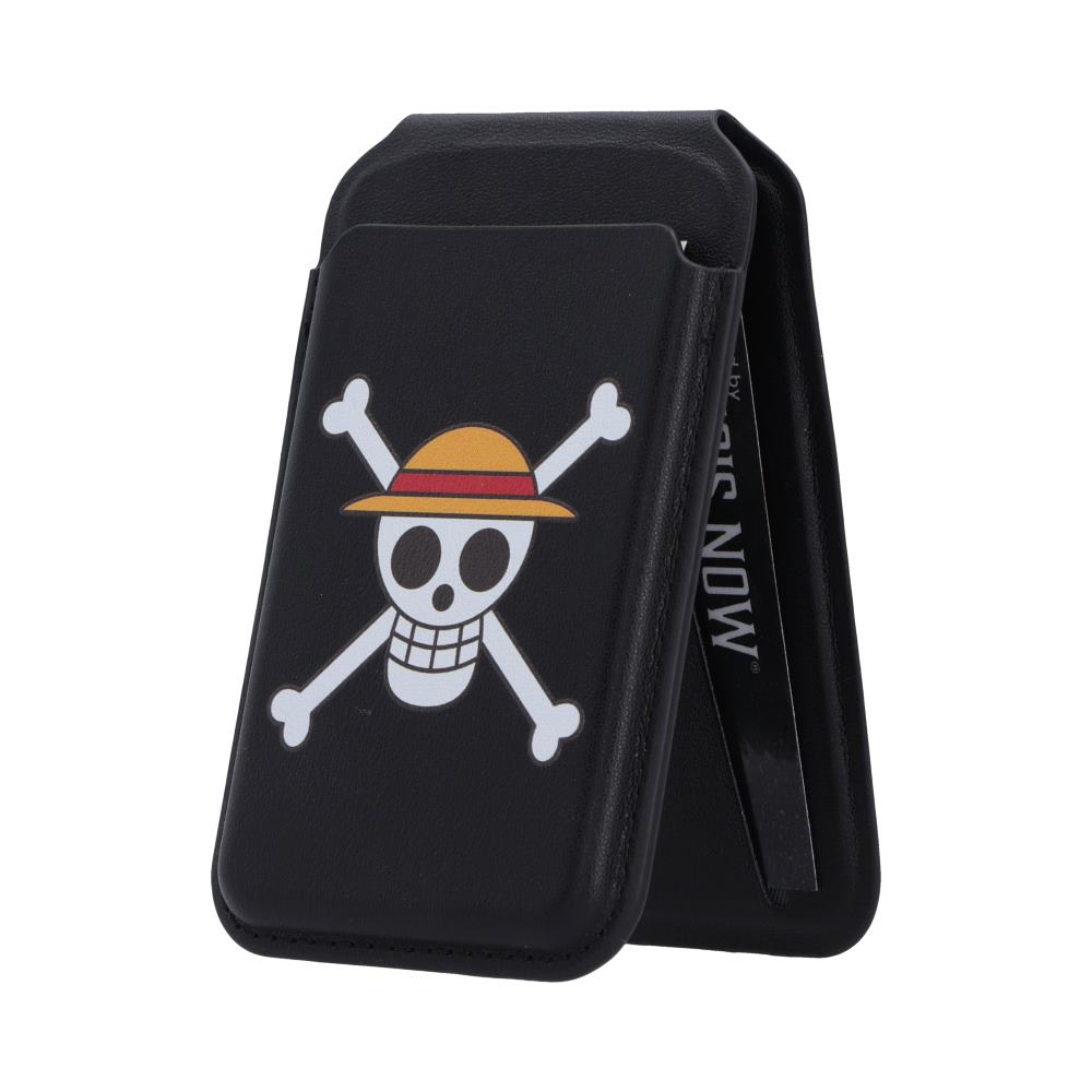 One Piece Jolly Roger MagSafe Card Holder Black - Black card holder folded into stand with Straw Hat skull emblem
